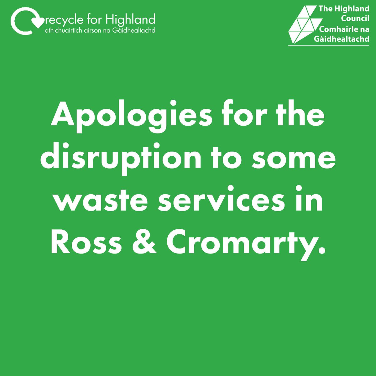 RecycleHighland's tweet photo. Disruption to Food Waste and Garden Waste collections in the Ross &amp; Cromarty area: 

We are unable to collect food waste in Evanton and Invergordon today. Please leave your caddy out and it will be collected as soon as possible. https://t.co/5mD2Ty0VNf