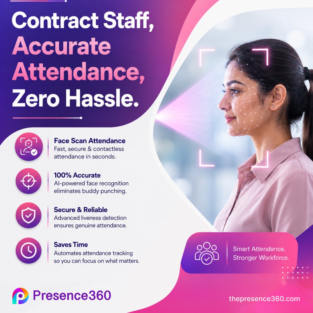 ThePresence360's tweet photo. Contract staff. Accurate attendance. Zero hassle.
Presence360 simplifies workforce management with real-time attendance, shift tracking, compliance &amp; payroll integration.
Smarter allocation. Better planning. Scalable workforce.
Know more: https://t.co/6JKHXHS1XJ
#Presence360 #ERP https://t.co/aAA3j5dBTr