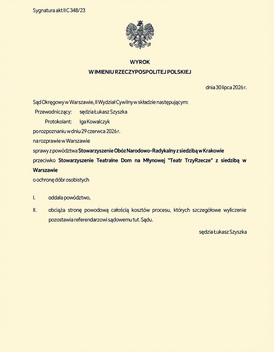 OmzRi's tweet photo. WYGRYWAMY W SĄDZIE Z ONR❗️ 🔴

​Otrzymaliśmy oficjalny wyrok Sądu Okręgowego w Warszawie (sygn. akt II C 348/23). Skrajnie prawicowe Stowarzyszenie Obóz Narodowo-Radykalny z siedzibą w Krakowie wyciągnęło przeciwko nam sądowe działa, wytaczając proces o ochronę dóbr osobistych za naszą działalność. 

​Czego od nas żądali?

 - ​75 000 zł z odsetkami ❗

- ​Opublikowania czołobitnych przeprosin na naszej stronie

- ​Usunięcia kilkunastu wpisów i komentarzy, w których punktowaliśmy rasistowskie, antysemickie, ksenofobiczne i neofaszystowskie incydenty oraz wypowiedzi działaczy tej organizacji.

​Działacze ONR powoływali na świadków https://t.co/ofC3ZL8KXc. Damiana Kitę, Tomasza Kalinowskiego czy Roberta Bąkiewicza, próbując przekonać sąd, że krytyka ich działań narusza ich „dobre imię” i reputację.

​Finał? SĄD OKRĘGOWY W WARSZAWIE NIE MIAŁ WĄTPLIWOŚCI:

​Oddalił powództwo ONR w całości.🔴

​Obciążył stronę powodową (ONR) całością kosztów procesu!

​To ważne zwycięstwo i jednoznaczny sygnał: wskazywanie mowy nienawiści, nazizmu, rasizmu oraz neofaszyzmu jest naszym prawym obowiązkiem w ramach wolności słowa i ochrony interesu społecznego.

​Nie zastraszą nas pozwami, nie uciszą nas żądaniami finansowymi. Robimy swoje!

​Dziękujemy, że jesteście z nami i wspieracie naszą codzienną walkę z rasizmem i ksenofobią! ❤️

_______
🟥 Wspieraj nas! 

​​Skutecznie ścigamy rasistów, homofobów, faszystów, ksenofobów, komunistów i proputinowskich nacjonalistów. Bez żadnego wsparcia państwa, bez unijnych dotacji.
​Jedynym źródłem finansowania działań Ośrodka są dobrowolne darowizny naszych zwolenników.

​Wspieraj nas:
https://t.co/UoCbYqT979

​Dane do przelewu:
nr konta 19 2490 0005 0000 4520 8435 8540
Ośrodek Monitorowania Zachowań Rasistowskich i Ksenofobicznych
Ul. Hoża 86/410 
00-682 Warszawa
Tytuł: „darowizna na działalność statutową”
IBAN: PL 19 2490 0005 0000 4520 8435 8540
SWIFT: ALBPPLPW

Uruchomiliśmy nasz profil na portalu Patronite; będziemy zobowiązani, jeśli zdecydujecie się Państwo zostać naszymi patronami:
https://t.co/mDBDrRpCHD

​#OMZRiK #ONR #Praworządnosc # #WolnoscSlowa #StopNienawisci