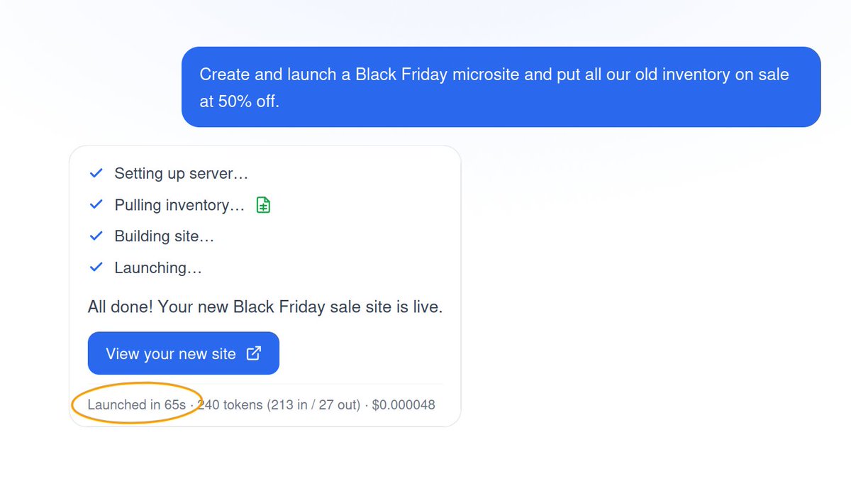 deannolan's tweet photo. Full online store launched in 65 seconds.
$0.000048 cost to build
Only 240 tokens used https://t.co/R41wGxGMgz