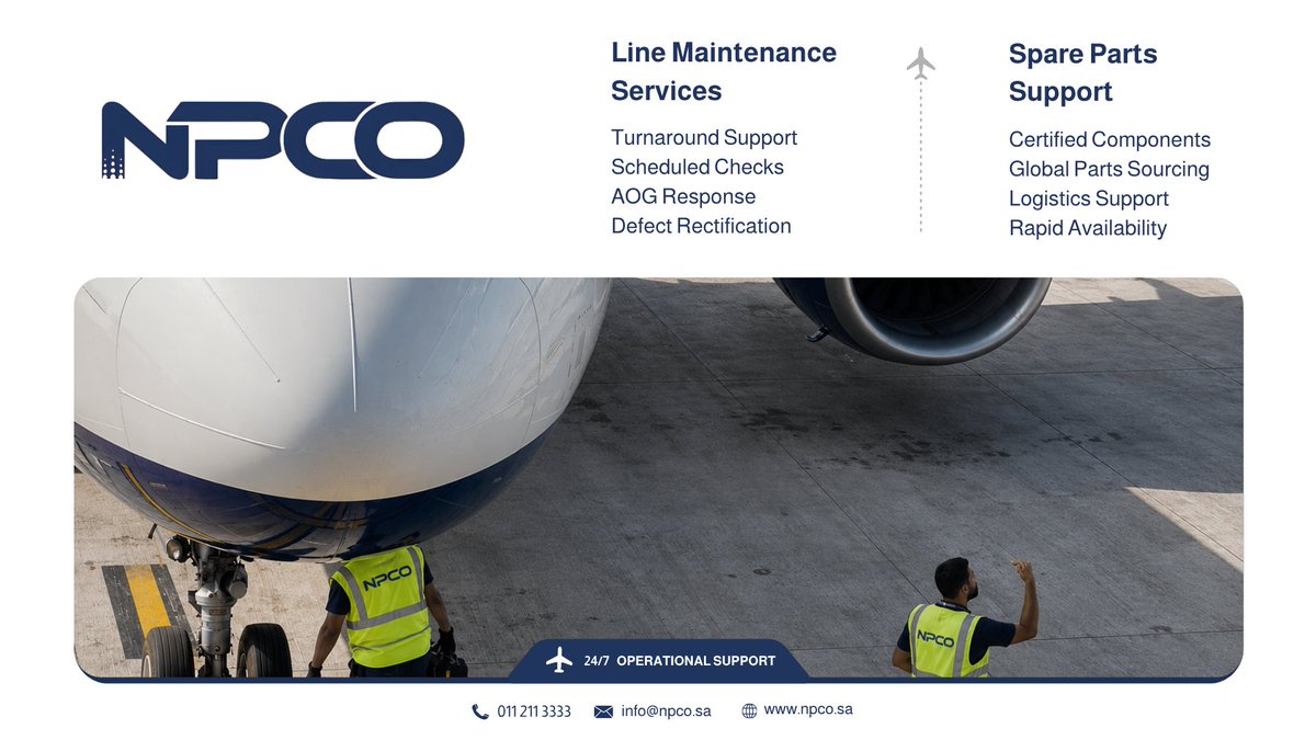 NpcoSa's tweet photo. Delivering reliable line maintenance services and trusted spare parts support to help operators maintain aircraft availability, operational efficiency, and business continuity.

#NPCO #AircraftMaintenance https://t.co/45Of6P4aEV