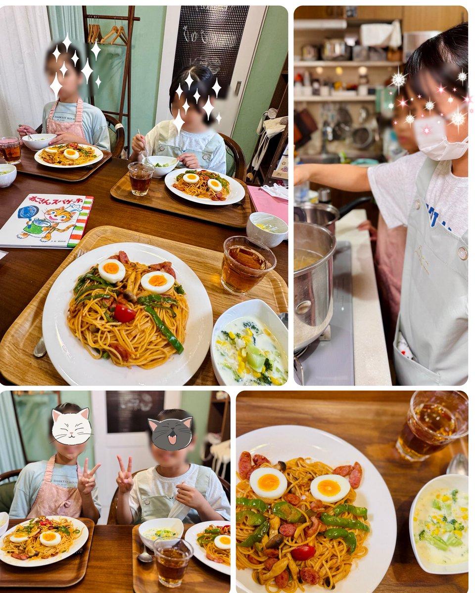 okubo1968's tweet photo. 【「かわいい！」から始まる子どもクッキング】

猫さんのスパゲティーを作りました。ピーマンやトマト、しめじ、ゆで卵でかわいく表現♪
「できた！」という達成感が料理を好きになる一歩になりますように😊
🔗 https://t.co/NmBbXVondP
#子どもクッキング #食育 #料理教室エッセンス  #山梨料理教室 https://t.co/x7aA0svZVi