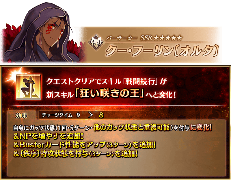 FateGrandOrder's tweet photo. クーフーリン（オルタ）強化スキル「狂い咲きの王」

とんでもねえ…待ってたんだ（歓喜）

 #FGO #FGO11周年 https://t.co/SzEHoYI284