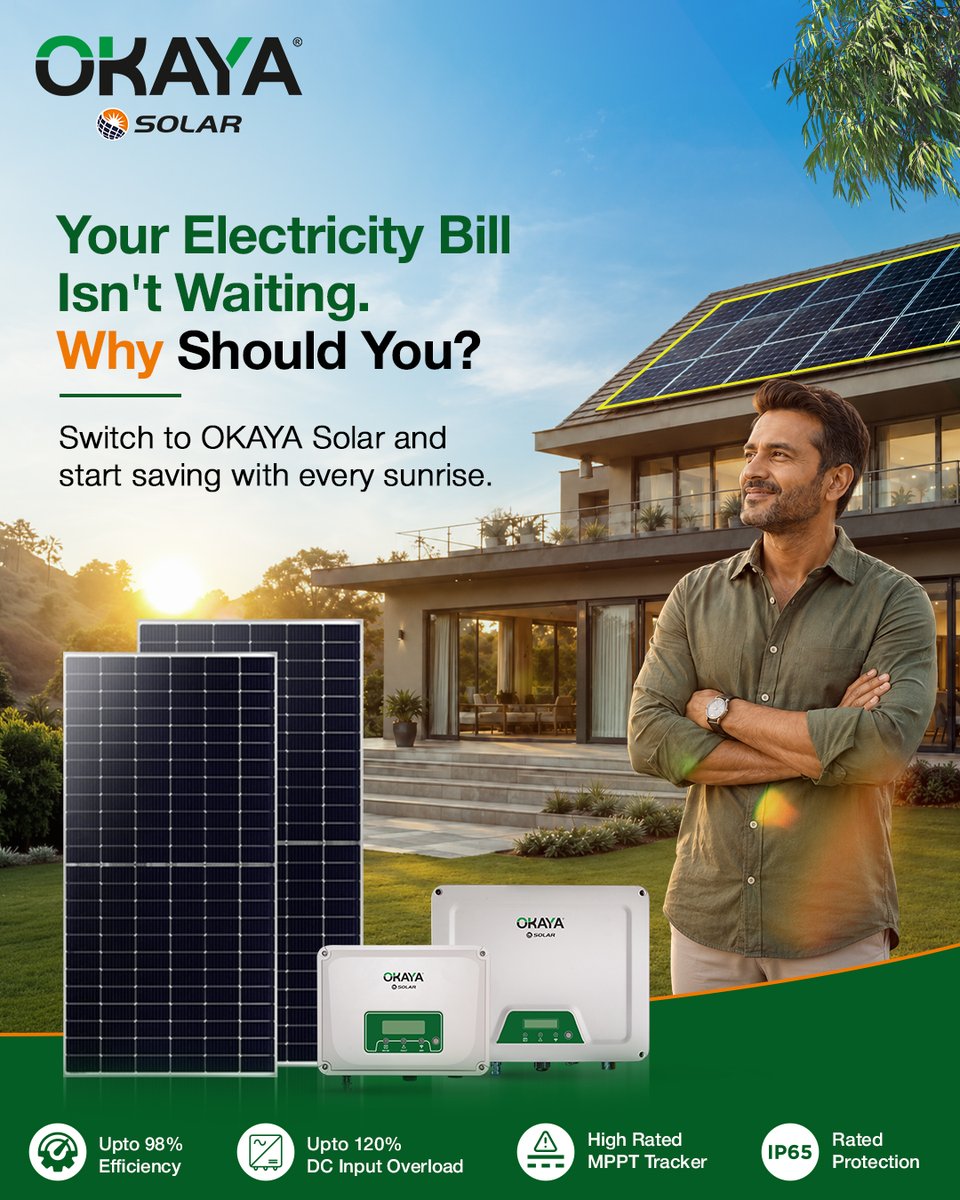 OkayaPowerGroup's tweet photo. Your roof can do more than just provide shelter—it can reduce your electricity bills every single day. ☀️
Power your home with OKAYA Solar—engineered for high performance with IP65-rated protection, backed by onsite warranty support and a PAN India service network. 
#OKAYASolar https://t.co/fCDIxkxcfP