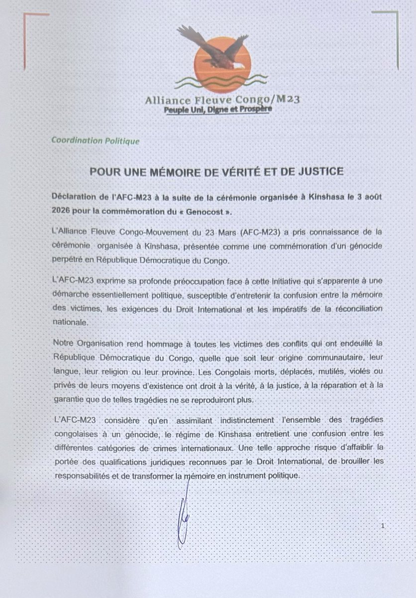 LawrenceKanyuka's tweet photo. Déclaration de l'AFC-M23 à la suite de la cérémonie organisée à Kinshasa le 3 août 2026 pour la commémoration du « Genocost». ⤵️ https://t.co/XtyBuxUBpY