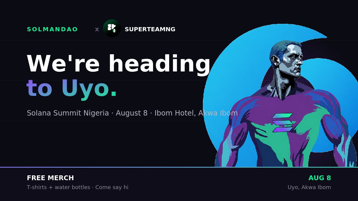 I_am_Chibez's tweet photo. We're pulling up to Uyo. 🌍🔥
@Solmanatdao will be at Solana Summit Nigeria hosted by @SuperteamNG — August 8th at Ibom Hotel & Golf Resort, Akwa Ibom.
We're coming with energy, knowledge, and FREE merch. 👕💧and other stuff's
If you're building on Solana or just curious about Web3 — come find us.