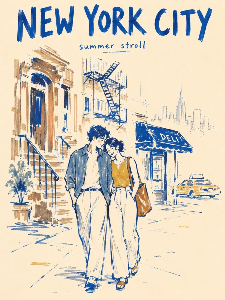 KrevixAi's tweet photo. Travel Poster😍

I'll give you a prompt below, and you show your work.

Made with GPT image 2
Prompt👇
Create a vertical 3:4 minimalist marker-pen travel poster of NEW YORK CITY on warm ivory paper.

STYLE:
Use a rough, imperfect editorial marker illustration style with a modern folk-art feel. Draw with thick, slightly uneven cobalt-blue contour lines. Apply color with visible felt-tip marker strokes, streaky coverage, pressure variation, dry-skip texture, and patchy density. Do not fill shapes completely. Leave many small and medium uncolored gaps so the warm ivory paper remains visible through clothing, buildings, and street elements. Some outlines should break, skip, or fade.

SCENE:
Depict two lovers walking closely together on a quiet brownstone street in Manhattan. One gently leans toward the other in a natural affectionate pose. Keep the scene intimate and understated.

BACKGROUND SIMPLIFICATION:
Include only 4 essential New York cues: one brownstone stoop, one black fire escape, one small corner deli awning, and one faint yellow taxi. Optionally suggest a very faint distant skyline silhouette, but do not add more city elements. Keep the background visually quiet.

COMPOSITION:
Place the couple slightly below center as the emotional focus. Let the supporting background elements sit loosely behind them with incomplete marker fills and broken contour fragments. At least 40 percent of the page should remain untouched warm ivory paper. Keep the layout airy, elegant, and uncluttered.

FINISH GRADIENT:
The couple is the most resolved area. Nearby background objects are only about 40 to 60 percent rendered. Distant details and outer edges fade into loose marker strokes and untouched paper before reaching the border.

POSTER TYPOGRAPHY:
Add the title "NEW YORK CITY" at the top in bold hand-drawn uppercase lettering. Add a small handwritten subtitle such as "summer stroll".

COLOR PALETTE:
Use a restrained palette of deep cobalt blue, muted slate blue, mustard ochre, warm brown, taxi yellow, and warm ivory paper. Keep the palette limited and slightly muted.

MOOD:
Romantic, calm, urban, nostalgic, stylish, handmade.

NEGATIVE PROMPT:
fully filled marker coloring, solid flat fills, smooth vector color, polished digital finish, clean perfect outlines, overly complete rendering, crowded background, too many city elements, dense architecture, detailed signage, realistic textures, glossy surfaces, photorealism, watercolor, oil painting, airbrush shading, 3D render, cinematic lighting, dramatic shadows, cluttered layout, billboard overload, hyper-detailed buildings, perfect symmetry, extra fingers, extra limbs, distorted anatomy, blurry face.

#GPTimage2