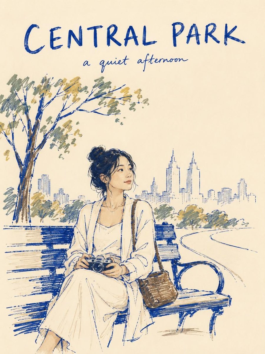 KrevixAi's tweet photo. Travel Poster😍

I'll give you a prompt below, and you show your work.

Made with GPT image 2
Prompt👇
Create a vertical 3:4 minimalist marker-pen travel poster of NEW YORK CITY on warm ivory paper.

STYLE:
Use a rough, imperfect editorial marker illustration style with a modern folk-art feel. Draw with thick, slightly uneven cobalt-blue contour lines. Apply color with visible felt-tip marker strokes, streaky coverage, pressure variation, dry-skip texture, and patchy density. Do not fill shapes completely. Leave many small and medium uncolored gaps so the warm ivory paper remains visible through clothing, buildings, and street elements. Some outlines should break, skip, or fade.

SCENE:
Depict two lovers walking closely together on a quiet brownstone street in Manhattan. One gently leans toward the other in a natural affectionate pose. Keep the scene intimate and understated.

BACKGROUND SIMPLIFICATION:
Include only 4 essential New York cues: one brownstone stoop, one black fire escape, one small corner deli awning, and one faint yellow taxi. Optionally suggest a very faint distant skyline silhouette, but do not add more city elements. Keep the background visually quiet.

COMPOSITION:
Place the couple slightly below center as the emotional focus. Let the supporting background elements sit loosely behind them with incomplete marker fills and broken contour fragments. At least 40 percent of the page should remain untouched warm ivory paper. Keep the layout airy, elegant, and uncluttered.

FINISH GRADIENT:
The couple is the most resolved area. Nearby background objects are only about 40 to 60 percent rendered. Distant details and outer edges fade into loose marker strokes and untouched paper before reaching the border.

POSTER TYPOGRAPHY:
Add the title "NEW YORK CITY" at the top in bold hand-drawn uppercase lettering. Add a small handwritten subtitle such as "summer stroll".

COLOR PALETTE:
Use a restrained palette of deep cobalt blue, muted slate blue, mustard ochre, warm brown, taxi yellow, and warm ivory paper. Keep the palette limited and slightly muted.

MOOD:
Romantic, calm, urban, nostalgic, stylish, handmade.

NEGATIVE PROMPT:
fully filled marker coloring, solid flat fills, smooth vector color, polished digital finish, clean perfect outlines, overly complete rendering, crowded background, too many city elements, dense architecture, detailed signage, realistic textures, glossy surfaces, photorealism, watercolor, oil painting, airbrush shading, 3D render, cinematic lighting, dramatic shadows, cluttered layout, billboard overload, hyper-detailed buildings, perfect symmetry, extra fingers, extra limbs, distorted anatomy, blurry face.

#GPTimage2