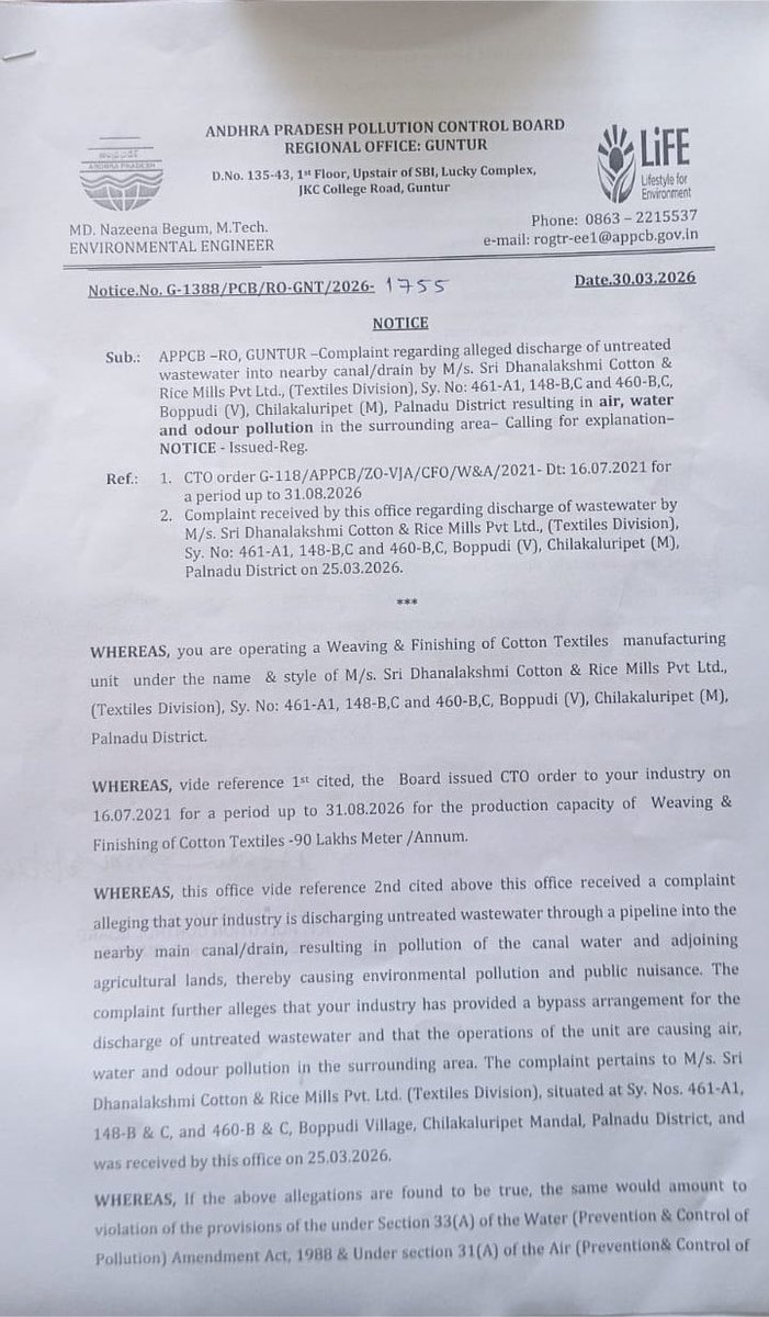 DrSandeepJSP's tweet photo. Based on the complaint received, a notice was served to the industry on March 30, 2026. The facility is a spinning mill, which carries a very low risk of discharging chemical effluent or generating hazardous waste. “A suspicious aspect of this complaint is that the letter was submitted anonymously, where he wrote a Boy’s hostel in KPHB as the return address”. 

Furthermore, during the physical inspection, APPCB officials attempted to call the phone number provided on the complaint multiple times, but received no response.