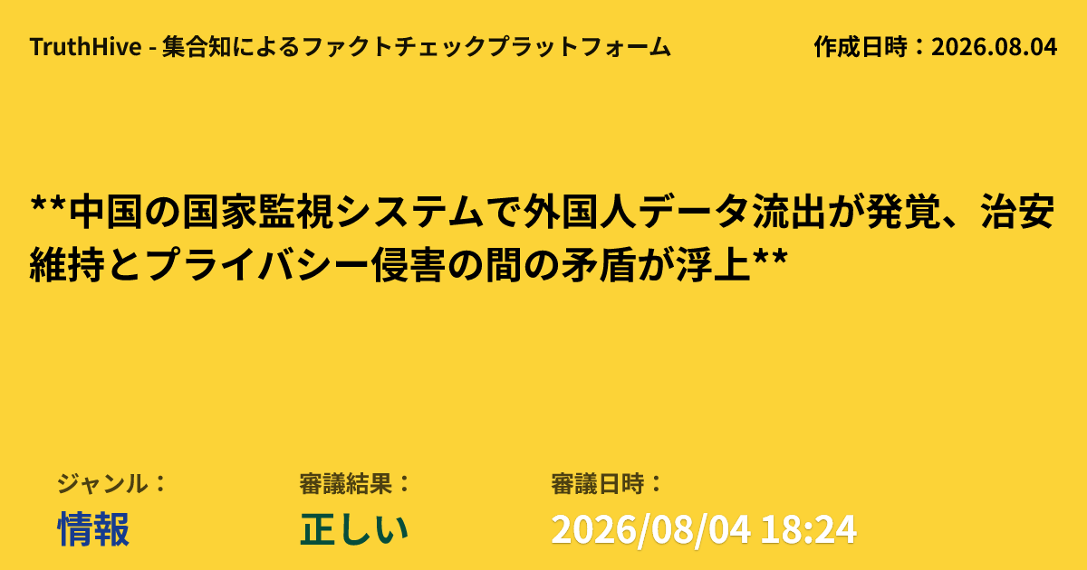 truth_hive's tweet photo. 中国で外国人監視データ流出。記者300人超の個人情報も。
中国の監視システムから約1.2万件の外国人データが流出。政府は治安維持を主張するが、プライバシー侵害の懸念が国内外で高まっています。

・中国河北省の外国人監視システムから顔写真やパスポート情報など約1.2万件の個人データが流出。外国人記者300人超も含まれる。
・中国政府は監視システムを「治安維持に不可欠」と正当化し、データ管理強化を推進。「データ三法」も施行。
・一方で、システム内部の腐敗、セキュリティ脆弱性、人権侵害の懸念が浮上。「データ三法」と監視実態の矛盾も指摘される。

[ジャンル: 情報] [状態: 正しい] [日時: 2026/08/04 18:24] 👇 詳細・参加