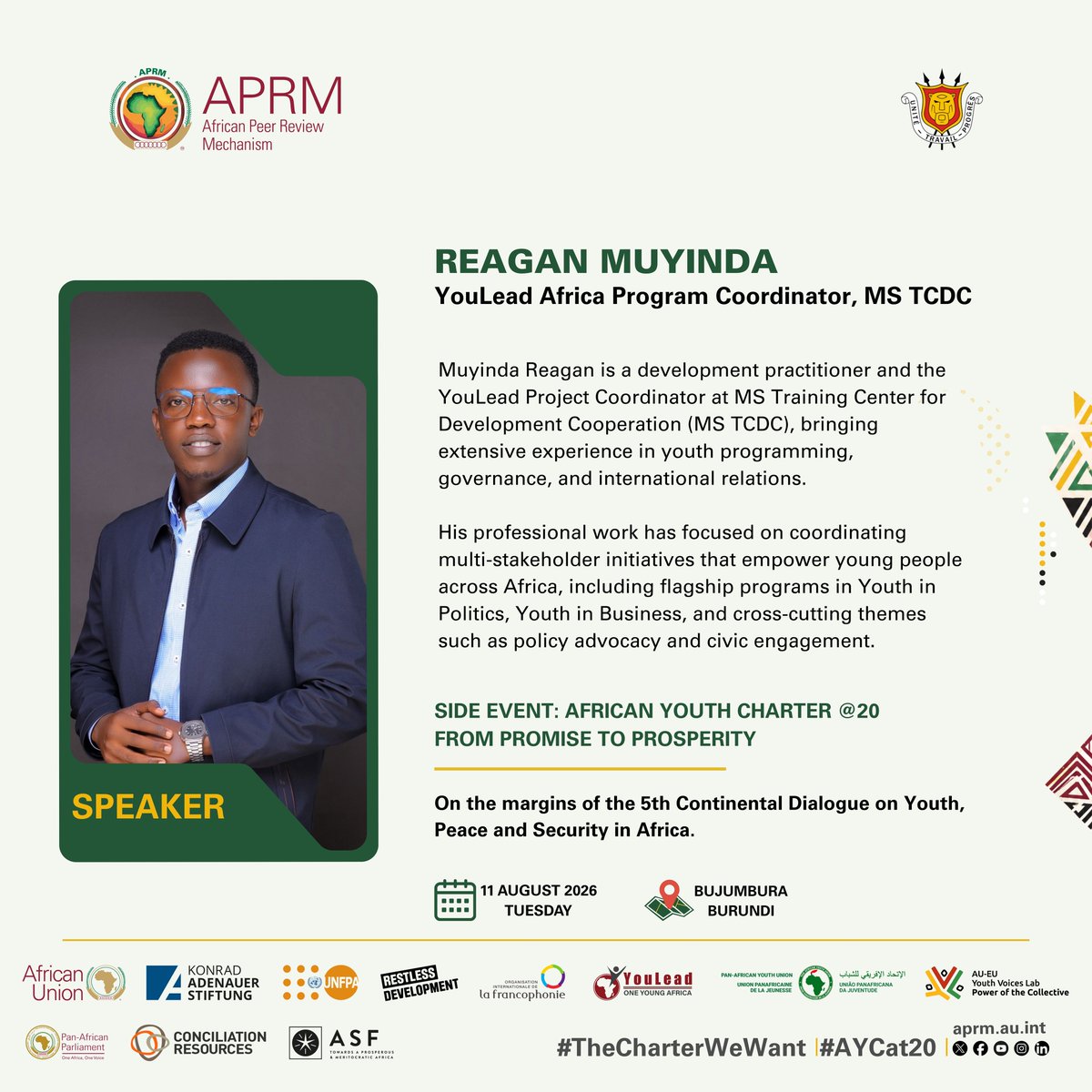 OneYoungAfrica's tweet photo. Reagan Muyinda, the @OneYoungAfrica Program Coordinator @MSTCDC, will co-present the African Youth Charter @20 Appraisal Overview.

He will highlight the ongoing continental appraisal being undertaken by @APRMorg, YouLead Africa and @RestlessDev to assess two decades of implementation of the African Youth Charter.