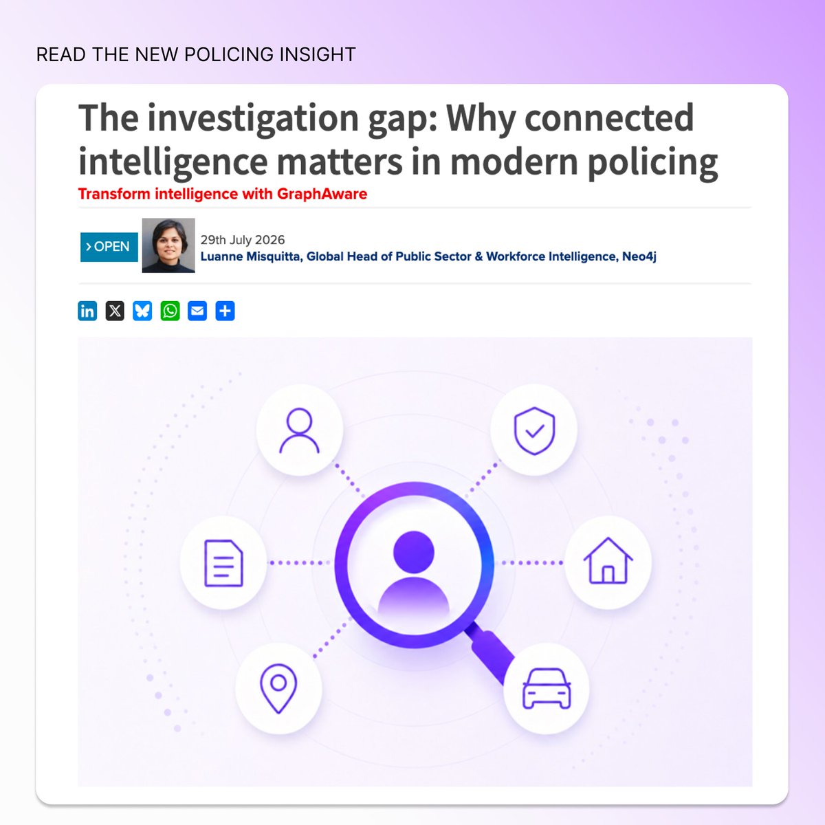 graph_aware's tweet photo. The investigation gap isn't about how much intel police forces hold; it's about how quickly a new detail can change the picture. Our latest with @PolicingInsight looks at closing it, with @graph_aware &amp; @neo4j 's @luannem.

Read the story👉 https://t.co/hwS4gxALXd
#LawEnforcement https://t.co/UGnk8dsKUj
