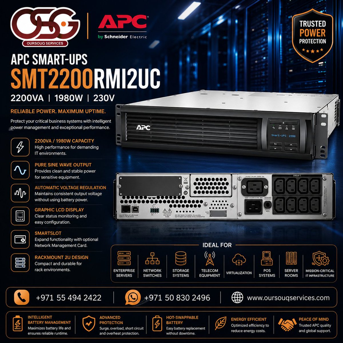 OursouqS's tweet photo. APC Smart-UPS SMT2200RMI2UC | 2200VA | 1980W | 230V
📞 +971 55 494 2422 | +971 50 830 2496
🌐 https://t.co/1rXLZLD6v8
#SMT2200RMI2UC #APCUPS #SmartUPS #SmartConnect #RackmountUPS #LineInteractiveUPS #PowerProtection #ServerRoom #DataCenter #Dubai #UAE #OurSouqServices https://t.co/yirM05ze91