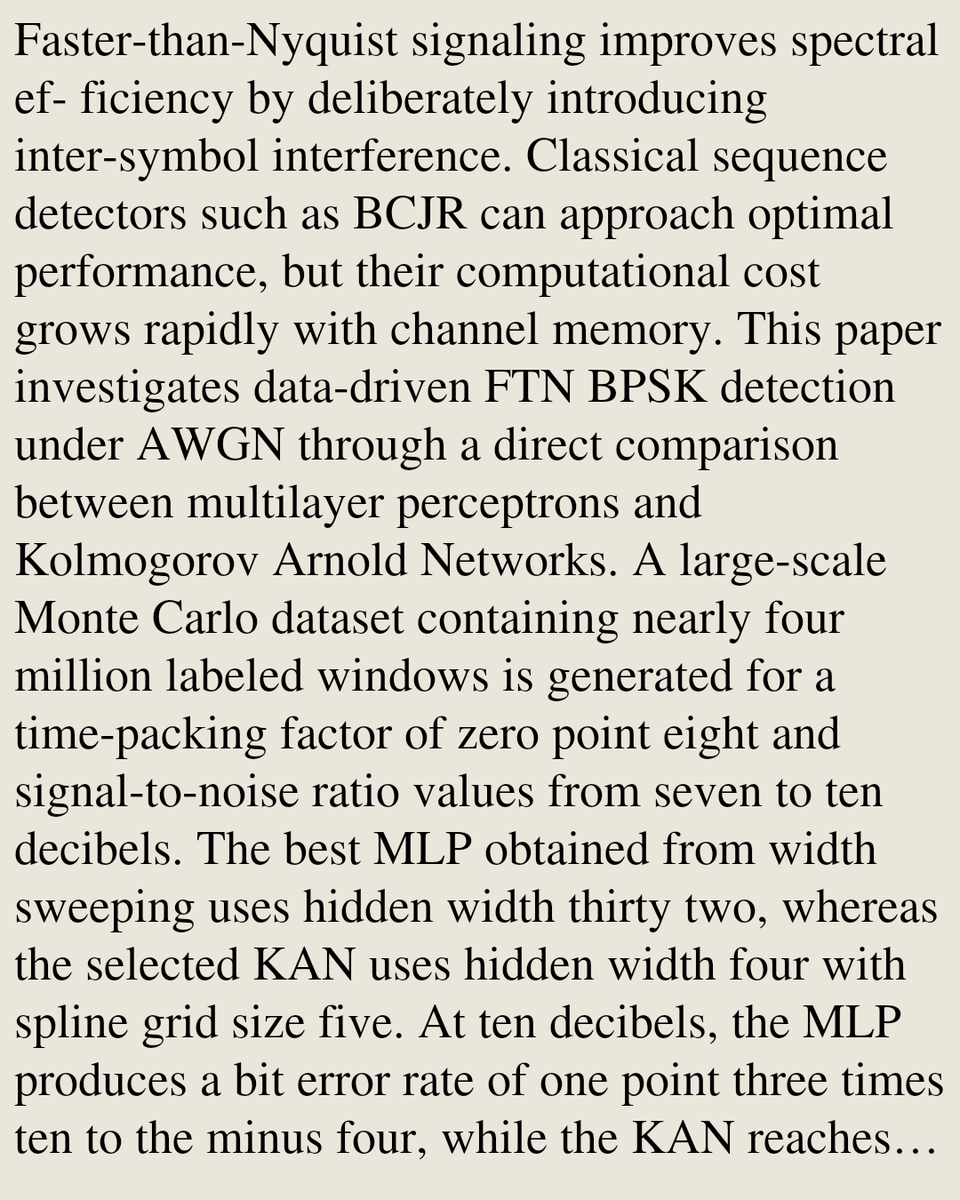 SignalPapers's tweet photo. A Comparative Analysis of MLP and Kolmogorov-Arnold Networks (KAN) for Faster-than-Nyquist (FTN) Signaling Detection

Sude Ertan, Osman Tokluoglu, Enver Cavus
https://t.co/HiXI4umHiI [𝚎𝚎𝚜𝚜.𝚂𝙿 𝚌𝚜.𝙻𝙶] https://t.co/kwgxgIqZU0