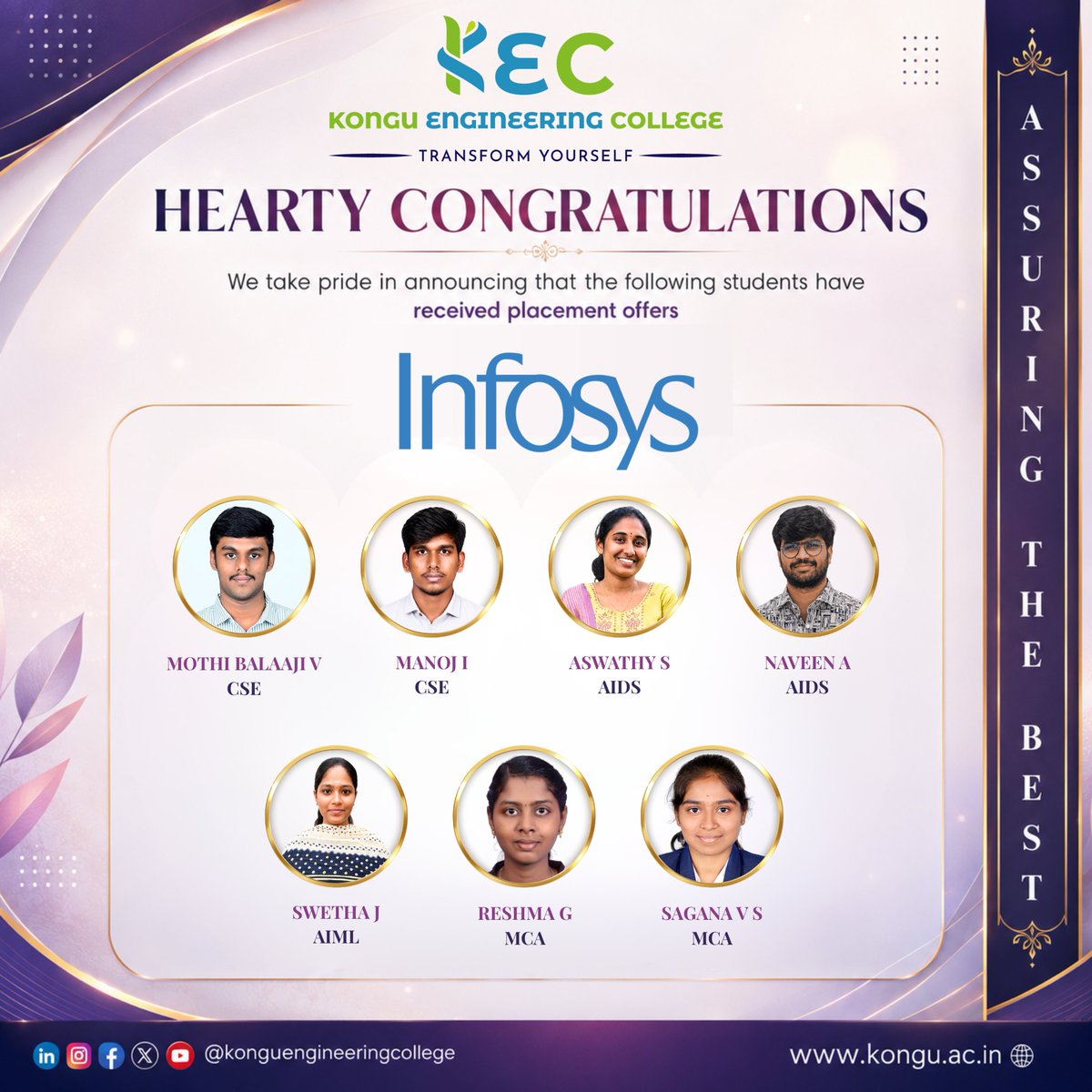 KonguOfficial's tweet photo. We are immensely grateful to Infosys for partnering with Kongu Engineering College KEC and offering outstanding career opportunities to our students through the campus recruitment drive.
#kec #infosys #cse #aids #aiml #mca #computerscience #campus #artificialintelligence https://t.co/wa0CD2dZU7