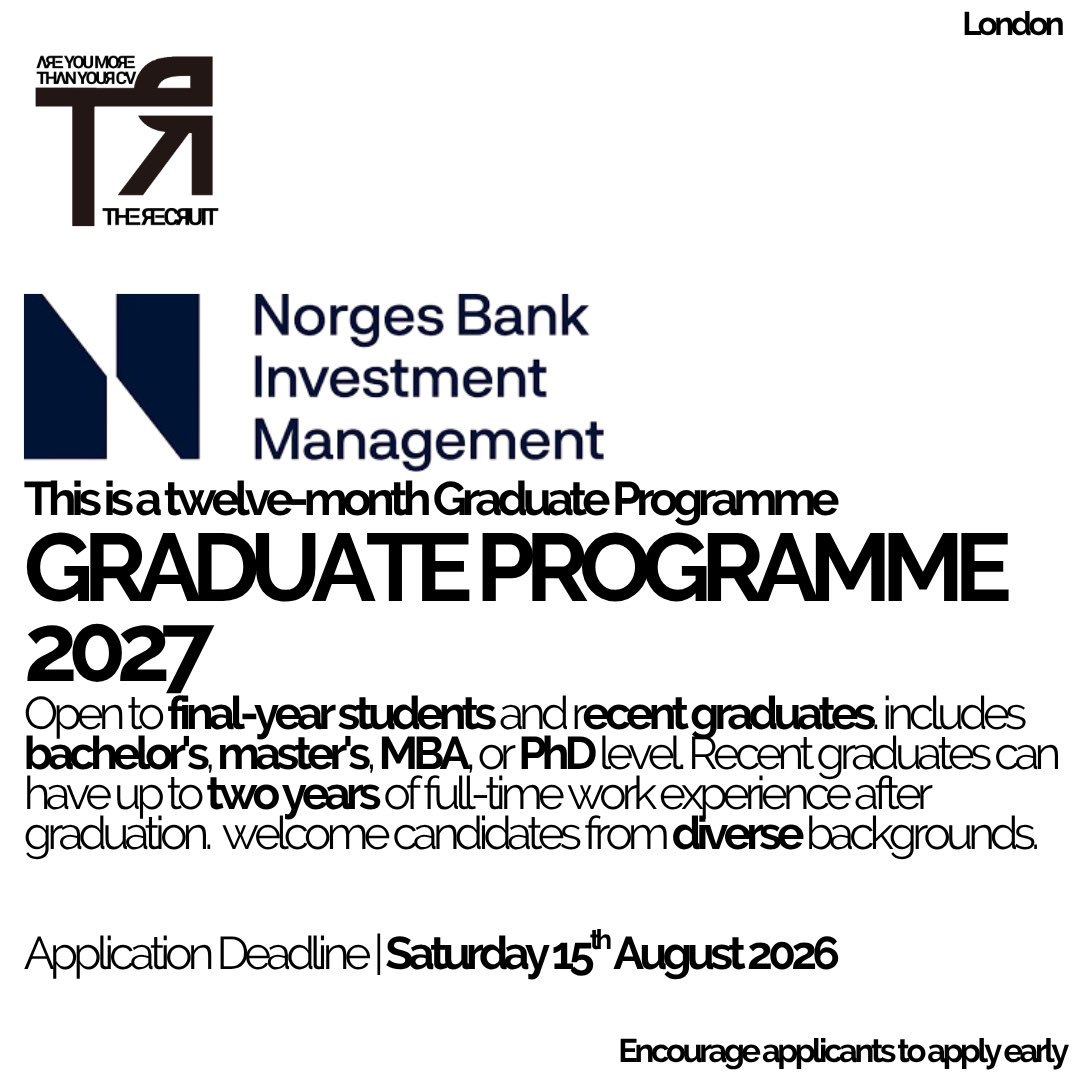 TheR3cruit's tweet photo. 🚨GRADUATE PROGRAMME🚨
https://t.co/L4zjWepx6J
#workexperience #bachelorsdegree #undergraduates #hireblack #underrepresented #diversity #industryinsight #unistudent #norgesbank #cib #investmentbanking #financialservices #financialadvisory #graduate #graduated #stem https://t.co/7MV1UW4V0V