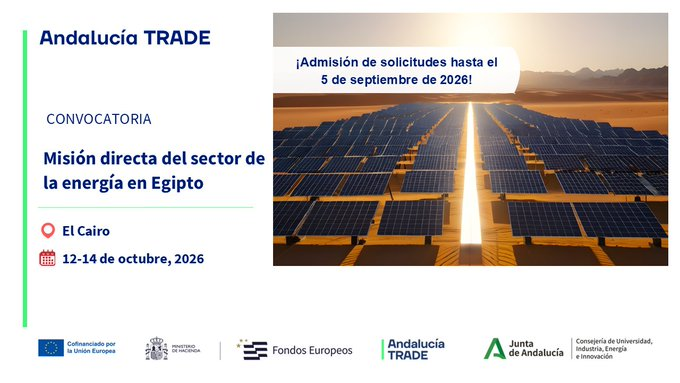 aemprende's tweet photo. 🌍 Da un paso más en la #internacionalización de tu empresa.

☀️ Si formas parte del sector de la #energía, esta misión comercial a #Egipto puede abrirte nuevas oportunidades.

📍 El Cairo
🗓️ 12-14 octubre
📌 Admisión de solicitudes hasta el 5 de septiembre.

🔗 Aplica aquí: https://t.co/FIIGkf9DgR

@trade_andalucia