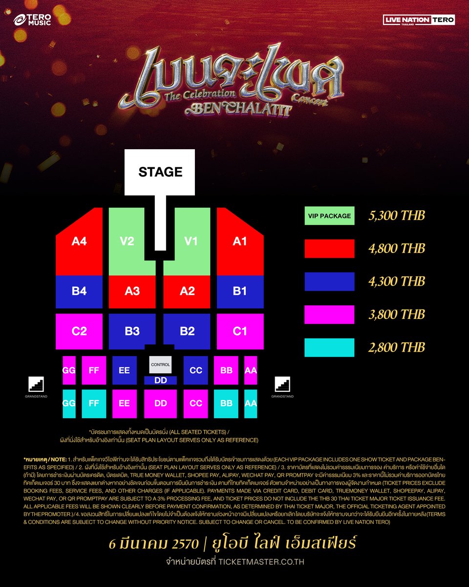 ThaiTicketMajor's tweet photo. เบนจะเพศ The Celebration Concert

📆วันที่แสดง : วันเสาร์ที่ 6 มีนาคม 2570 
📍สถานที่แสดง : UOB LIVE, Emsphere
⏰เวลาแสดง : 18.00 น.
���ราคาบัตร :  VIP 5,300 / 4,800 / 4,300 / 3,800 / 2,800 บาท 
🗓️วันเปิดจำหน่ายบัตร 
UOB Mastercard Presale : วันอังคารที่ 25 สิงหาคม 2569 เวลา 12.00 – 22.00 น.
Live Nation Tero Presale : วันพุธที่ 26 สิงหาคม 2569 เวลา 10.00 – 22.00 น.
Public sale : วันพฤหัสบดีที่ 27 สิงหาคม 2569 เวลา 10.00 น. 
🎫รายละเอียดจำหน่ายบัตร : https://t.co/mefYXPVwzR
☎️TTM Call Center 02-262-3456

#เบนจะเพศConcert #เบนชลาทิศ #BenChalatit #TeroMusic #LiveNationTero #TicketMasterTH #Thaiticketmajor