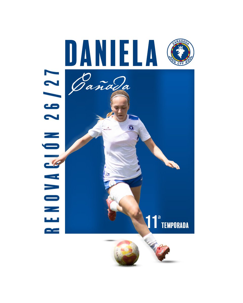 ZaragozaCFF's tweet photo. Once temporadas de azul y blanco. 🔵⚪

Daniela Cañada renueva con el Zaragoza CFF 26/27. Hay jugadoras que no solo forman parte del club — son parte de lo que el club es.

#ZaragozaCFF #HijasDelCierzo #Renovación https://t.co/N6HUtlJD1l