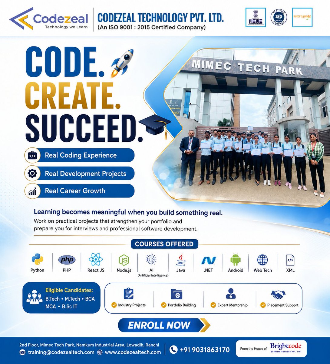 Codezealtech's tweet photo. 🚀 Code. Create. Succeed.

Learn coding through real projects with Codezeal Technology Pvt. Ltd. Build your portfolio, gain industry experience, and get placement support.

📍 2nd Floor, Mimec Tech Park, Namkum Industrial Area, Lowadih, Ranchi
📞 +91 9031863170

#Codezeal #Coding https://t.co/V8GD3BEsmj