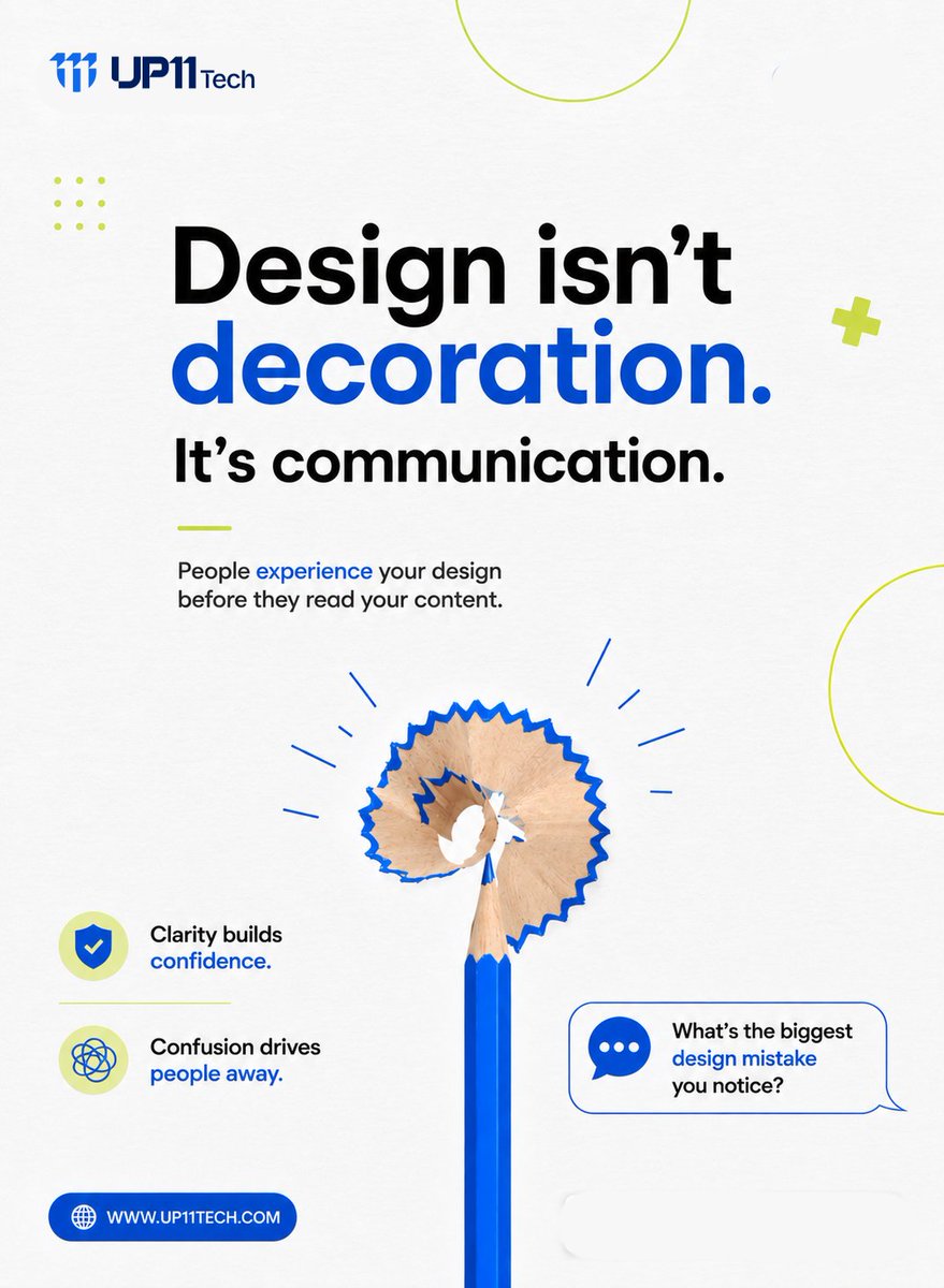 up11tech's tweet photo. Design isn't decoration. It's communication.

Every color, font, and layout should make the next step obvious—not confusing.

Clarity builds trust. Confusion loses users.

What's the biggest design mistake you notice? 👇

#Design #UX #Branding #Up11Tech #Up11TechRanchi11 #Up11 https://t.co/NEIq0mHWcM