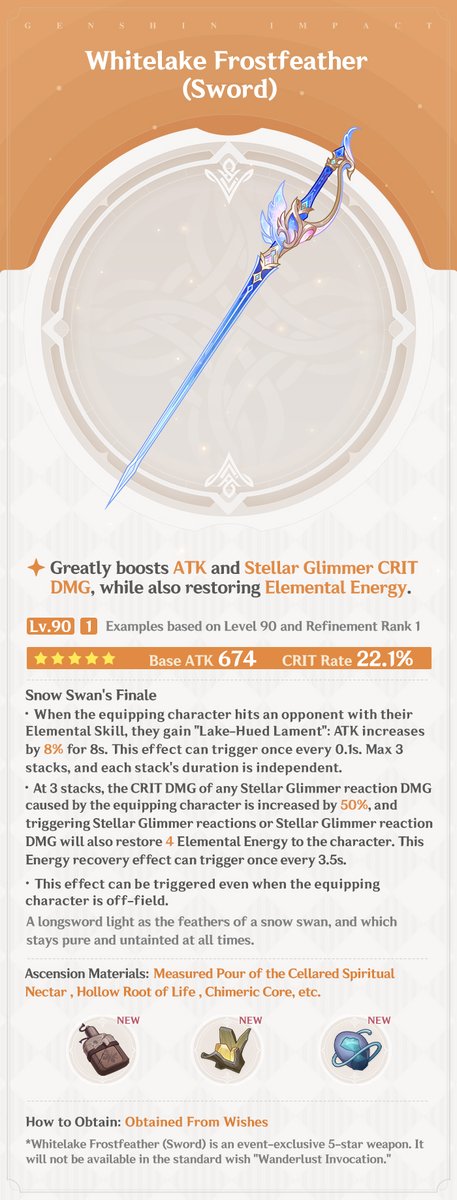 GenshinImpact's tweet photo. Version 7.0 "Everwinter Without Mercy" New Weapon Details
#NowSnezhnaya #GenshinSnezhnaya #GenshinImpact 

Greetings Traveler, the "Epitome Invocation" Wish will become available after the Version 7.0 update on August 12. During this period, the new weapon "Whitelake Frostfeather" (Sword) will receive a huge drop-rate boost!

In addition, Travelers can also obtain more new weapons by completing Archon Quests, Forging, opening BP Bounties, and more. Let's take a look~