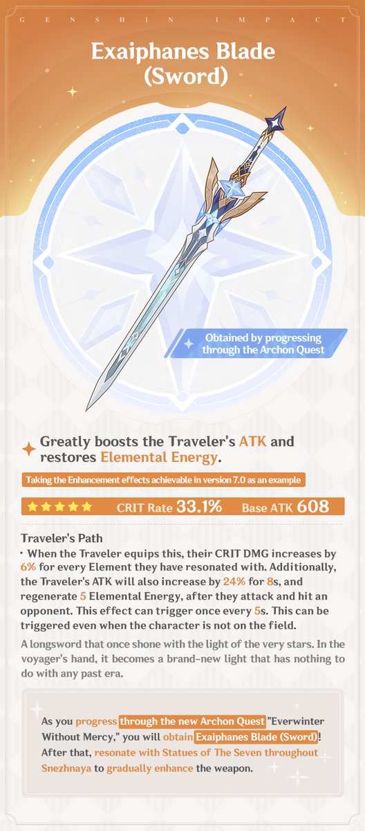 GenshinImpact's tweet photo. Version 7.0 "Everwinter Without Mercy" New Weapon Details
#NowSnezhnaya #GenshinSnezhnaya #GenshinImpact 

Greetings Traveler, the "Epitome Invocation" Wish will become available after the Version 7.0 update on August 12. During this period, the new weapon "Whitelake Frostfeather" (Sword) will receive a huge drop-rate boost!

In addition, Travelers can also obtain more new weapons by completing Archon Quests, Forging, opening BP Bounties, and more. Let's take a look~