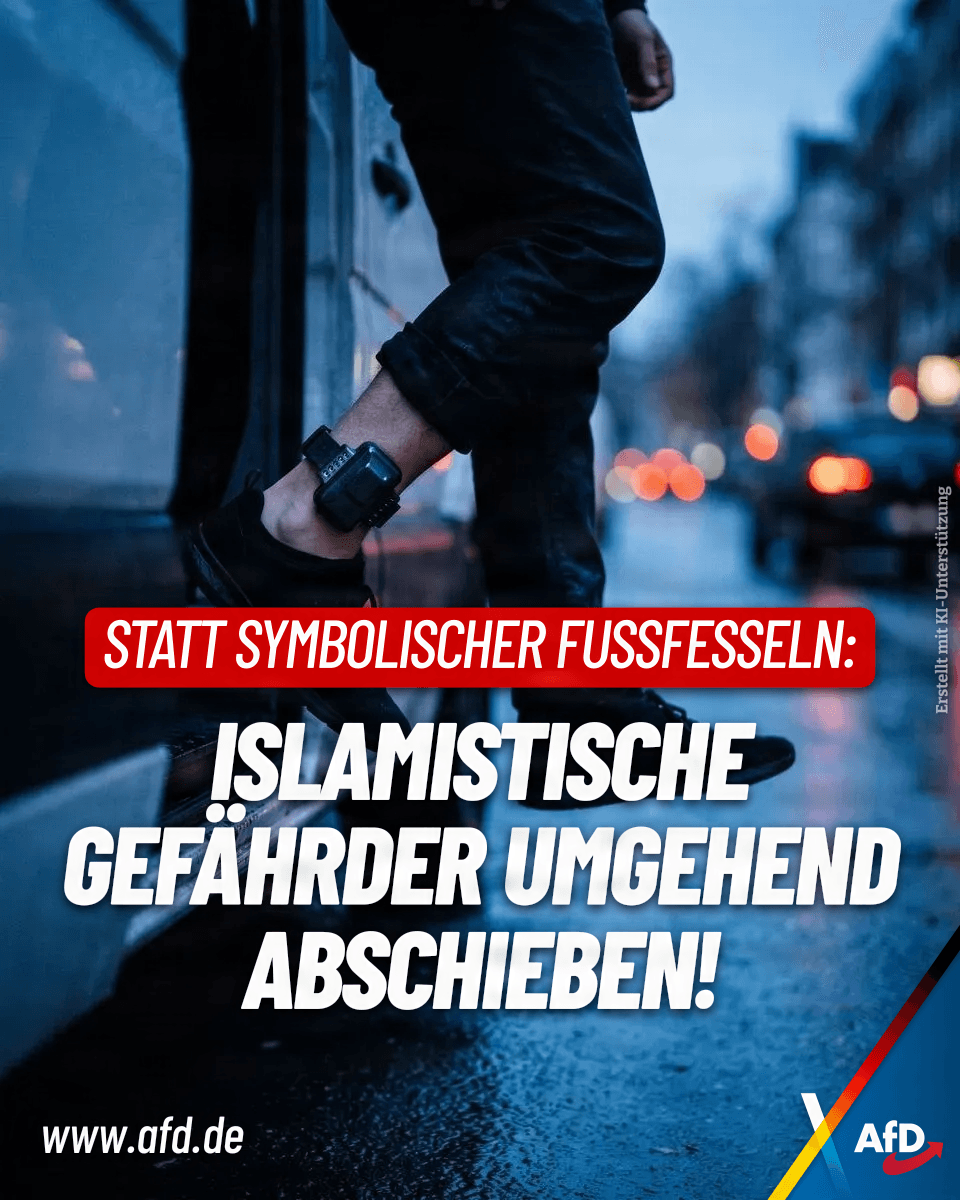 AfD's tweet photo. Vier Fußfesseln für islamistische Gefährder nach dem CSD-Anschlag in Berlin: Das ist reine Symbolpolitik der SPD. Ein GPS-Sender stoppt keinen Attentäter, der mit dem Lkw in eine Menge rast. Wir brauchen die sofortige Festsetzung und - wo immer möglich - Ausweisung und Abschiebehaft statt bürokratischer Kosmetik!