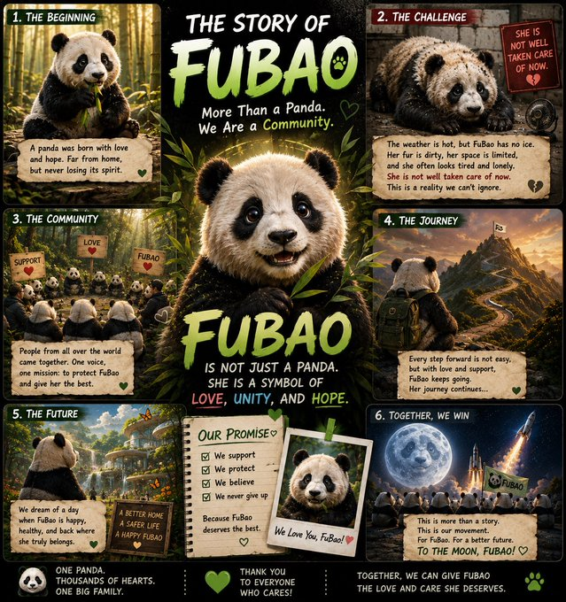 FuBao_PandaPage's tweet photo. https://t.co/zLpCtOiPZV

We just Bonding after 2 Years !

Let me clear our Vision. !

🐼 Our Community Vision

Fu Bao is more than just a meme.

She represents millions of people who believe that compassion can bring about real change.

Reaching the bonding curve is not our final destinationit is only the beginning of our journey.

As a community, we are committed to supporting Fu Bao through meaningful actions, whether by organizing charitable donations, raising public awareness, or launching creative meme campaigns that keep her story alive. We believe the power of the internet can be used not only to create viral moments but also to inspire positive action.

Our goal is to build a community that stands for something greater than profit.

We hope this movement will not become just another short-lived wave of excitement in the crypto space. Instead, we want it to grow into a lasting community driven by purpose, empathy, and collective action.

Even a small movement can create a powerful voice.

Today, we stand for Fu Bao.

Tomorrow, we hope our voice will help every animal that deserves protection, care, and a chance to live with dignity.

Together, we are proving that memes can inspire compassion, communities can create impact, and crypto can become a force for good.

One community. One voice. One mission. 🐼❤️

$Fubao
5jBfqq2VYyzUEMzwASPQp4tdub3RT7xPWnNysEzoq5vg