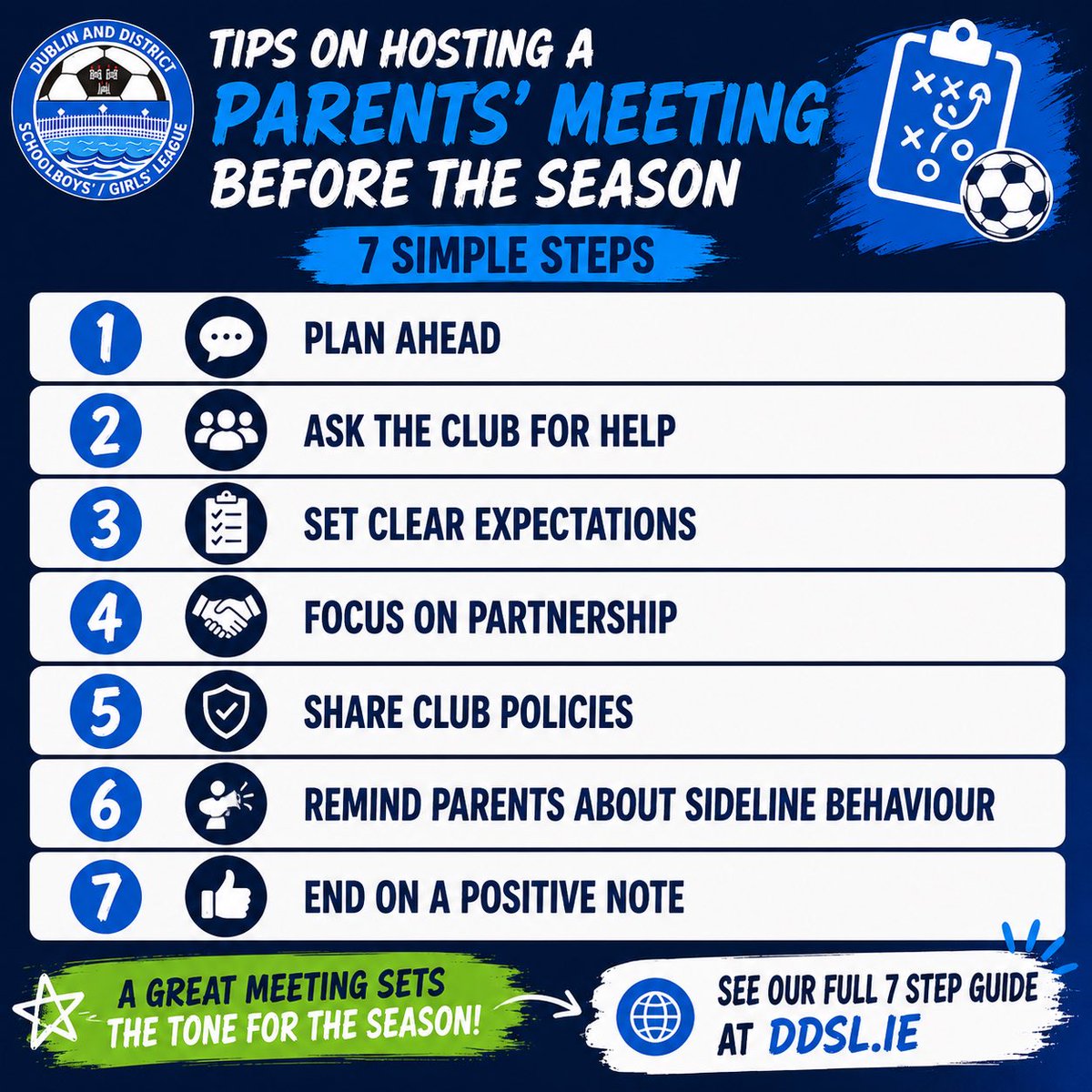 DDSL_Official's tweet photo. DDSL Tips - Day 5 ✅

Preseason Parent Meeting 🤝

Planning &amp; Positivity 👌

#ddslgrassroots #ddsltips https://t.co/kHzMglfVif