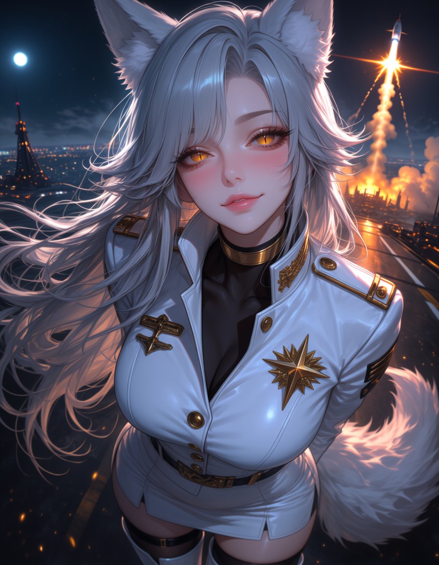 EniAlpha's tweet photo. "They're all watching the launch. I'm watching you." 🦊

Silver hair, gold eyes, white uniform. The sky splits open behind her. She doesn't flinch.

#AIart #waifu #monstergirl 🤍 SFW https://t.co/orMgOLFkC2
