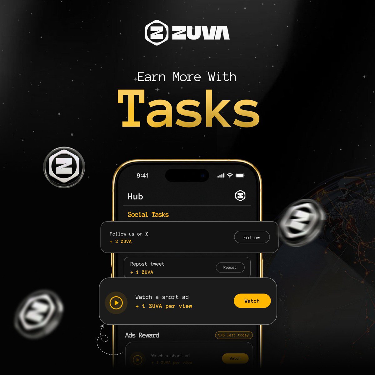 ZuvaNetwork's tweet photo. HOW TO EARN MORE ZUVA ON ZUVA TASK HUB

Earning more ZUVA is simple and only takes a few minutes each day.

✅ Complete Your Daily Tasks

Head over to HUB on the Zuva app and complete the 5 daily tasks available.

* Each completed task rewards you with 1 ZUVA.
* Complete all 5 tasks to earn 5 FREE ZUVA every day.
* Each task only requires watching a 30-second to 1-minute ad.

Come Back Every 24 Hours

The daily tasks reset every 24 hours.

That means you can return the next day, complete the same 5 tasks again, and earn another 5 FREE ZUVA.

The more consistent you are, the more ZUVA you accumulate over time.

Additionally, From time to time, additional social tasks will be added to ZUVA Hub, giving you even more opportunities to earn.

However, the 5 daily tasks remain a permanent feature, so you’ll always have a guaranteed way to earn 5 ZUVA every single day.

Simply visit ZUVA Hub daily, complete the 5 quick tasks, claim your rewards, and grow your ZUVA balance consistently.

Happy mining Fam!
