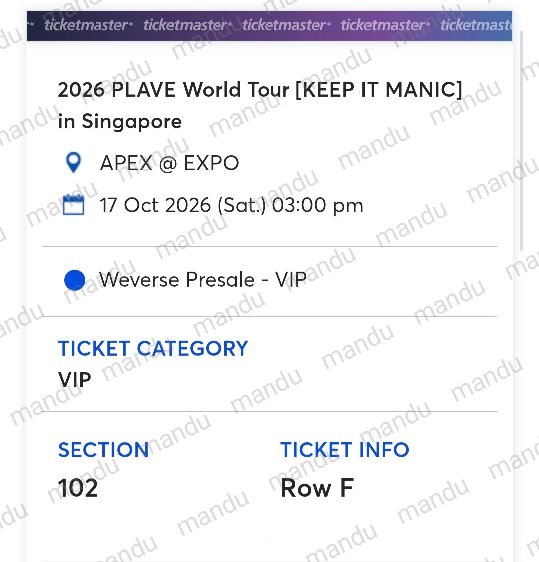 peulrogi's tweet photo. WTS Plave Keep It Manic Singapore VIP ticket

- can trf to your TM acc or enter with you on-site!
- seats are pretty good, nearer to stage centre 

RFS: got better seats

please DM if you're interested!
(real plli, not a scammer 🥲)

#keepitmanic #keepitmanicsg https://t.co/yON9lHZms9