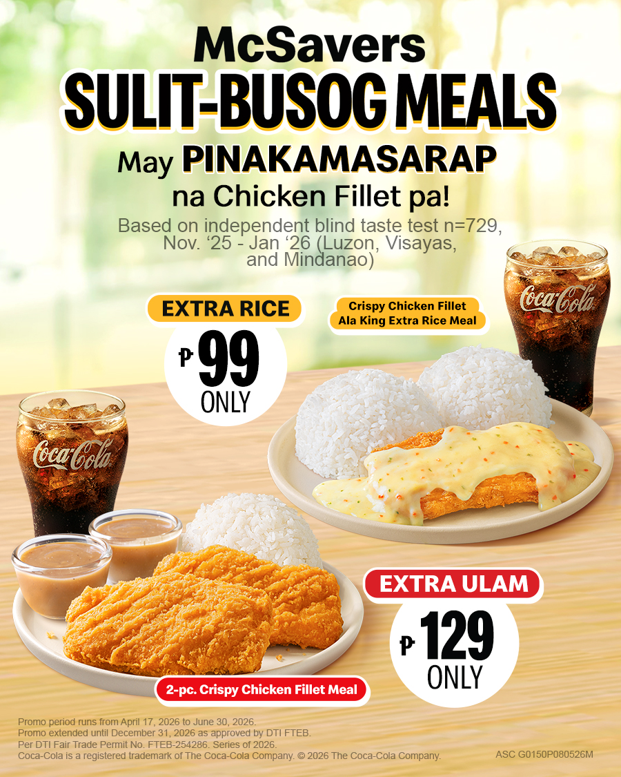 McDo_PH's tweet photo. PINAKAMASARAP NA CHICKEN FILLET with your choice of extra rice or extra ulam, starting at just ₱99!

PINAKAMASARAP claim is based on independent blind taste test n=729, Nov. ‘25 - Jan ‘26 (Luzon, Visayas, and Mindanao)

ASC G0150P080526M https://t.co/QaOSiHWiDY