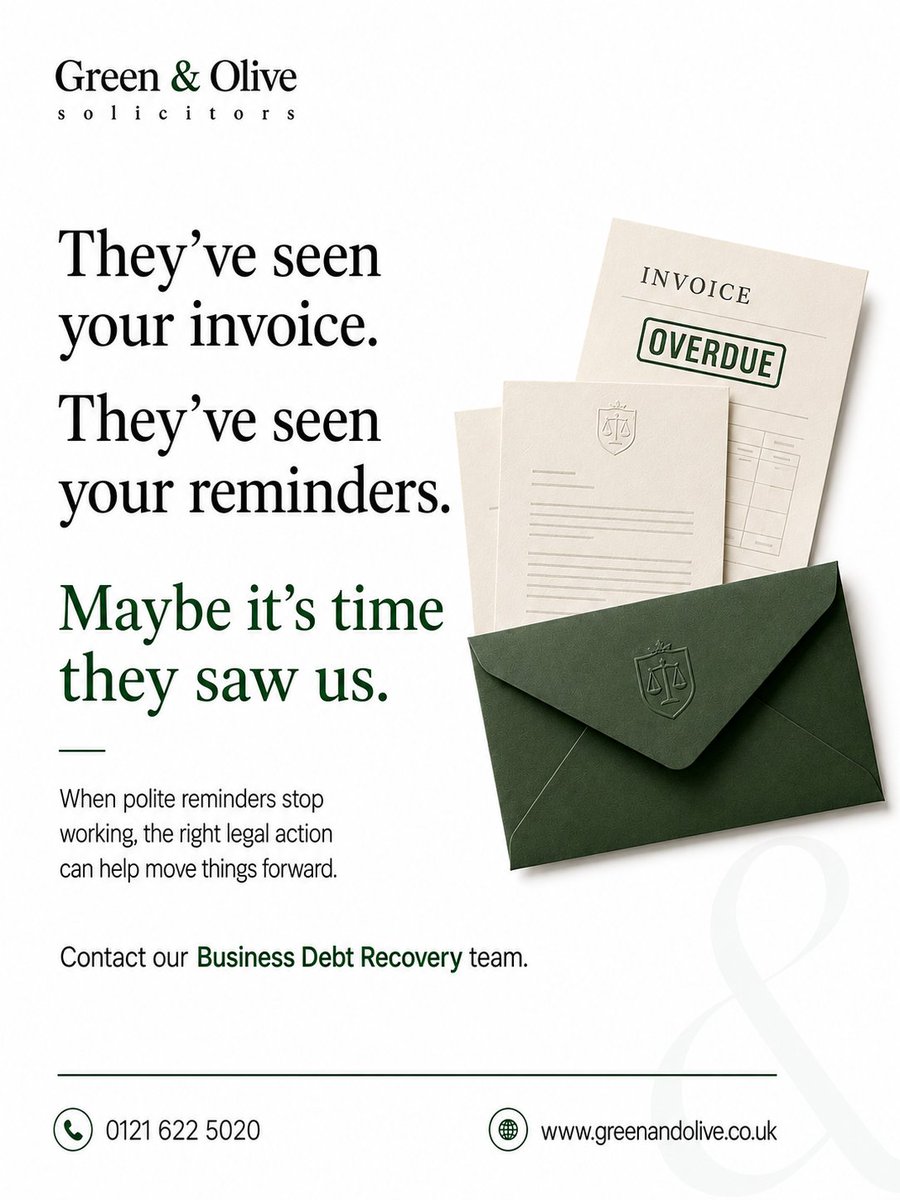 GreenAndOlive's tweet photo. Our invoice wasn’t a suggestion.

If they have seen the invoice, the reminders and every polite follow-up, it may be time for the next step.
Speak to our Business Debt Recovery team.

📞 0121 622 5020
🌐 https://t.co/CXlDjyxjLM

#DebtRecovery #BusinessLaw #GreenandOliveSolicitors https://t.co/cIpiBjMluE