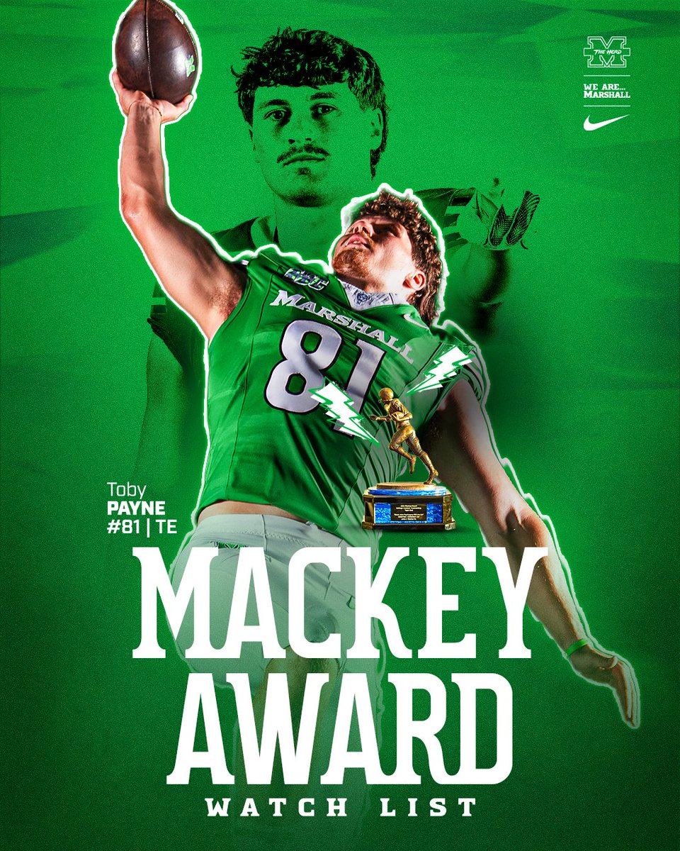 HerdFB's tweet photo. 𝑴𝒂𝒄𝒌𝒆𝒚 𝑩𝒓𝒊𝒏𝒈𝒔 𝑻𝒉𝒆 𝑷𝒂𝒚𝒏𝒆!

Marshall senior TE Toby Payne was one of 43 players named to the 2026 Mackey Award Watch List on Wednesday.

The Mackey Award is given annually to the nation's top tight end.

🔗: https://t.co/ecarn3cCmd https://t.co/va6qY78lhg