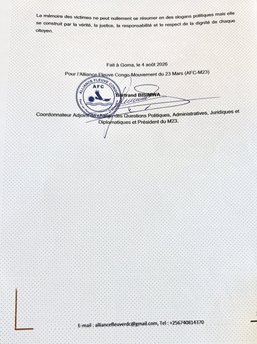LawrenceKanyuka's tweet photo. Déclaration de l'AFC-M23 à la suite de la cérémonie organisée à Kinshasa le 3 août 2026 pour la commémoration du « Genocost». ⤵️ https://t.co/XtyBuxUBpY