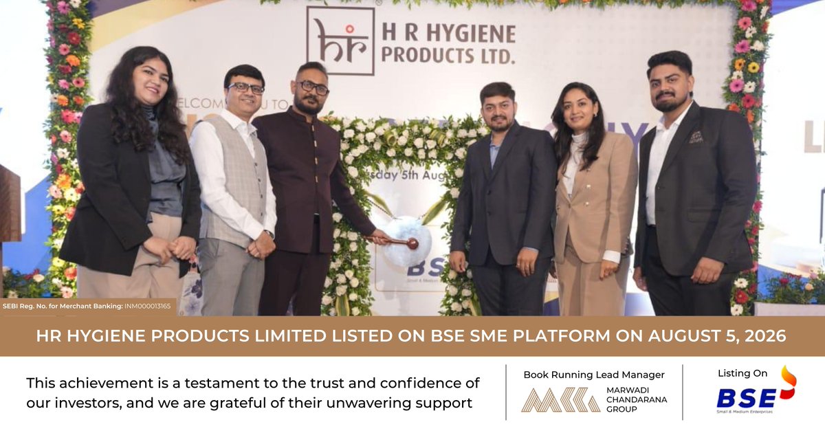 MCG_India's tweet photo. IPO Listing 🔔

We are proud to have been part of this journey as HR Hygiene Products Limited IPO marks its successful listing on the on BSEIndia SME platform!.

This milestone reflects the collective commitment, dedication, and efforts of the entire team involved.

We extend our best wishes and look forward to supporting their continued growth and success ahead.

@amishchandarana @khetan_mayur
@Bhanushalibipi1 @ijigardesai @BSEIndia 

#MarwadiChandaranaGroup #HRHygieneProductsLimited #IPO #BSE