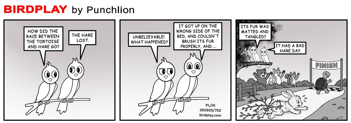 birdplaytoon's tweet photo. How did the race between the tortoise and the hare go?
The hare ended up losing, which is a shock to know
Its fur was matted and tangled in a messy array
It seems the poor runner just had a bad hare day! 🐢🐇🕊️
5 August 2026
#Birdplay #dailycartoon #dailytoon https://t.co/CjSvX6o01g