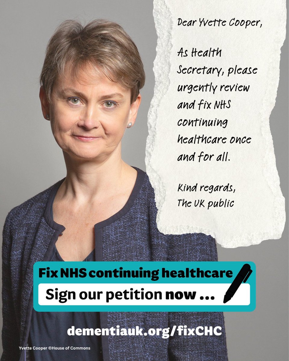 DementiaUK's tweet photo. When the NHS continuing healthcare (CHC) funding process fails, the emotional and financial pressure can fall on families who are already facing significant challenges navigating dementia. 

It doesn’t have to be this way.  

Join us and call on the Health Secretary @YvetteCooperMP to fix NHS continuing healthcare. Sign our petition today: https://t.co/7HVQrGNT9n