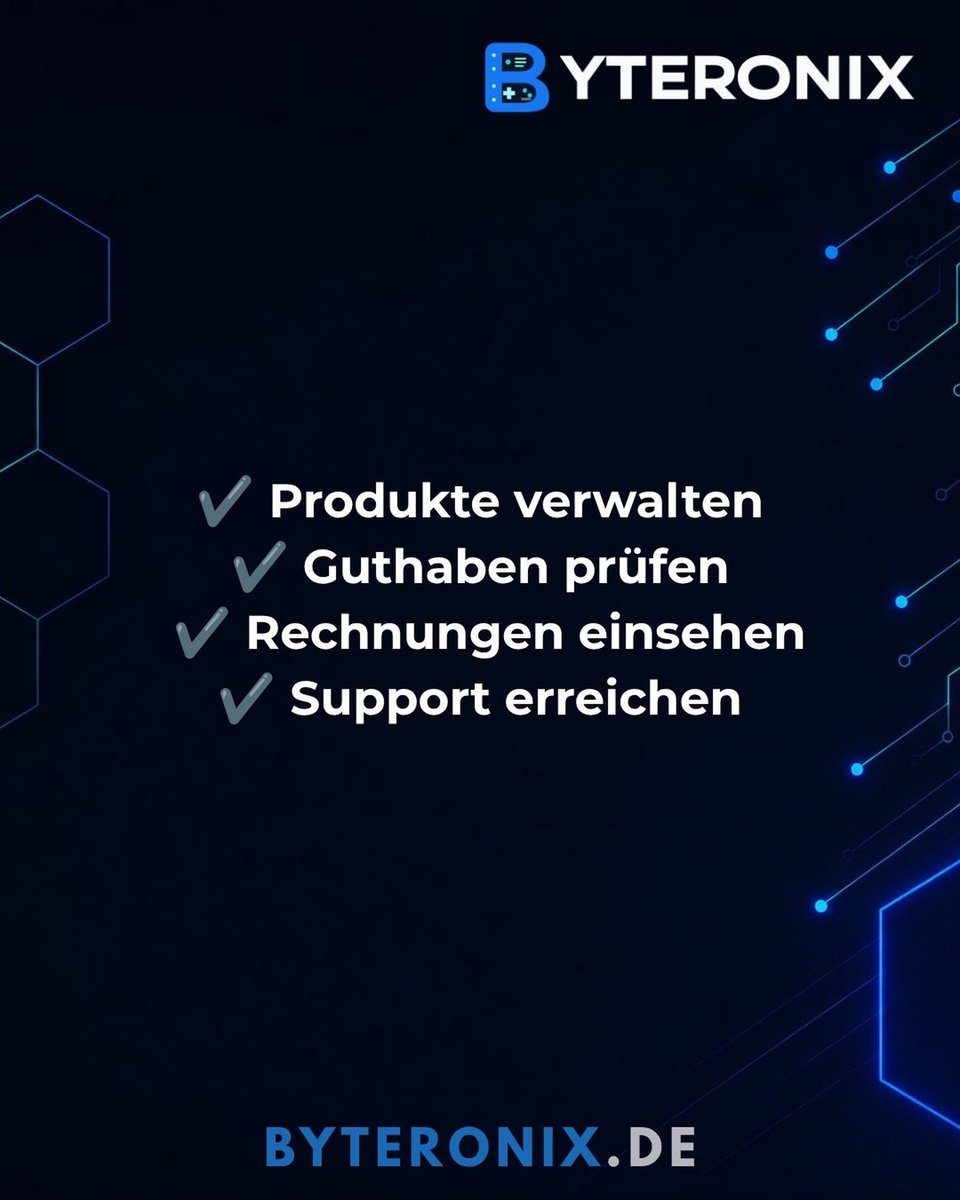 byteronix's tweet photo. Ein übersichtliches Dashboard spart Zeit. Verwalte deine Produkte, behalte dein Guthaben im Blick und erreiche den Support – alles an einem Ort. So hast du jederzeit die volle Kontrolle über deine BYTERONIX-Dienste. 📊💙

#Dashboard
#Hosting
#BYTERONIX
#Support
#Webhosting https://t.co/8uX1hYE8yi