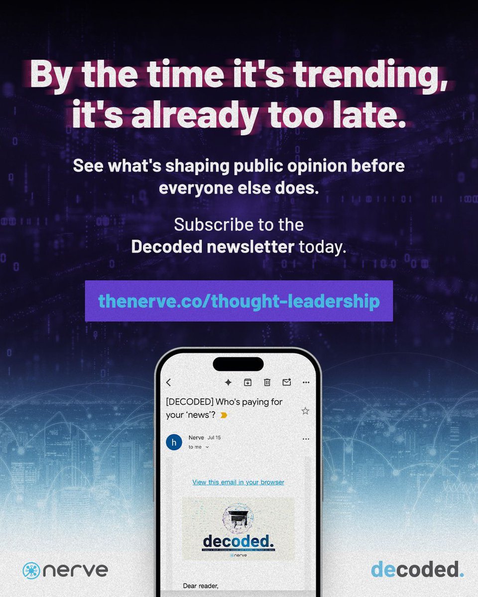 rapplerdotcom's tweet photo. THE INTERNET MOVES FAST. BE ONE STEP AHEAD.
Subscribe to the Decoded newsletter and get biweekly insights on today’s pressing issues and online trends — analyzed through the lens of data.
#Decoded is produced by award-winning data consultancy The Nerve and presented by Rappler.
Subscribe via https://t.co/Tr0NeTupg1 today.
