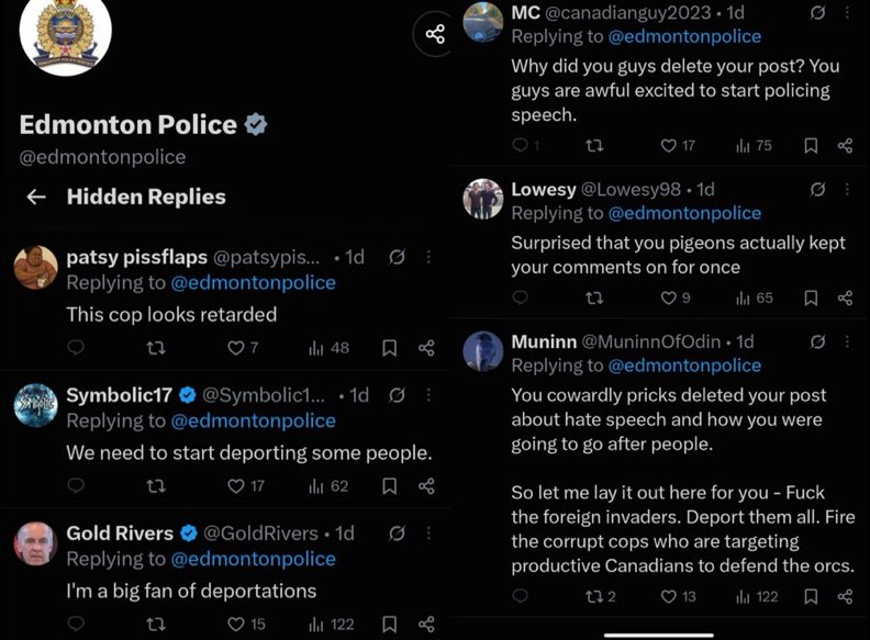trckdrverpleb's tweet photo. Edmonton Police briefly forgot to close their comments on a post today 

These 6 comments were able to get through and they are brutal

These comments are now hidden from public sight 

The Edmonton Police don't want you to see this https://t.co/HbtOERsoa5