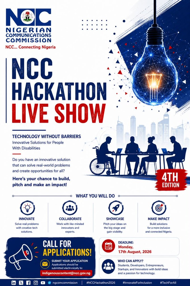 NgComCommission's tweet photo. DEADLINE EXTENDED! 🚨

You have till  Monday, 17th Aug 2026 to submit for the NCC Hackathon 4th Edition

Theme: Technology Without Barriers: Innovative Solutions for People With Disabilities

1/2 https://t.co/cvct4zD6xg