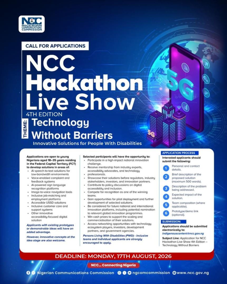 NgComCommission's tweet photo. DEADLINE EXTENDED! 🚨

You have till  Monday, 17th Aug 2026 to submit for the NCC Hackathon 4th Edition

Theme: Technology Without Barriers: Innovative Solutions for People With Disabilities

1/2 https://t.co/cvct4zD6xg