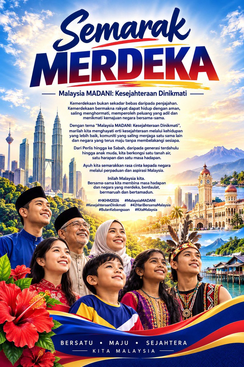 jaejae0512's tweet photo. Bersatu hati, melangkah bersama demi Malaysia yang lebih gemilang. Semoga semangat kemerdekaan terus menyatukan kita dalam membina negara yang maju, aman dan sejahtera.

#SemarakMerdeka #HKHM2026 #BulanKebangsaan #MalaysiaMADANI #KitaMalaysia https://t.co/XFD0XxHuKF