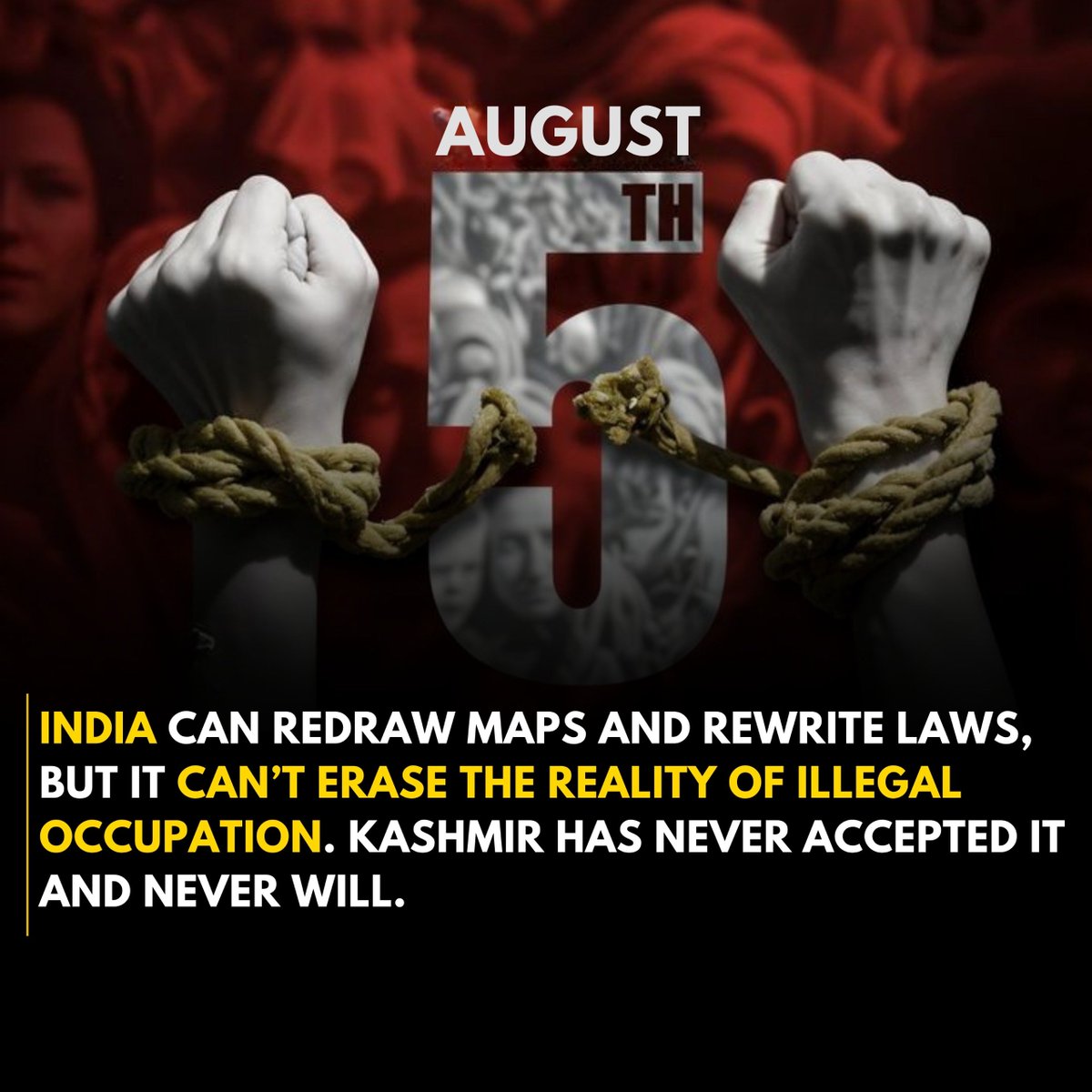 PakIntelReports's tweet photo. On August 5th we remember: maps can be redrawn and laws rewritten, but the reality of illegal occupation cannot be erased. Kashmir has never accepted it and never will. The fists remain raised.
#August5th #Kashmir #OccupationReality #ResistanceContinues #FreeKashmir https://t.co/GQg3ynUQ1f