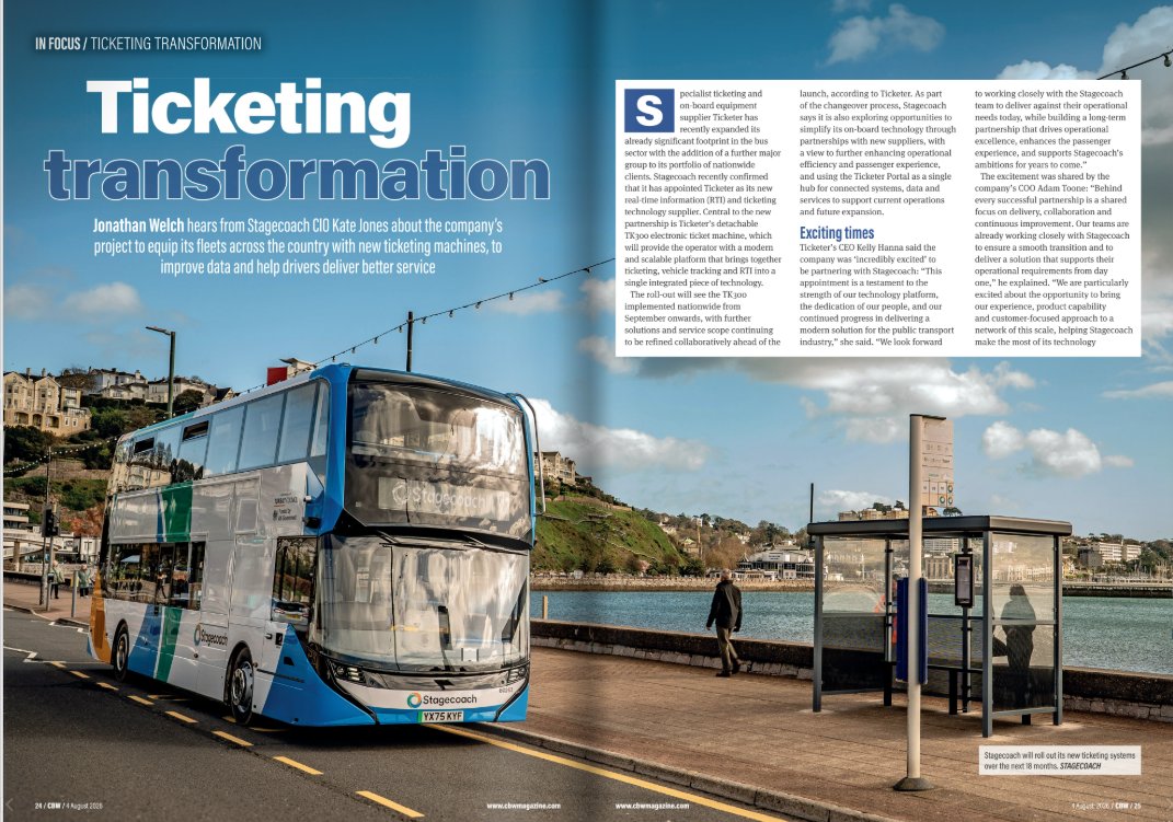 Ticketer_UK's tweet photo. We're thrilled to see our #RTI and #TicketerTK300 technology featured in @CBWtweets's latest issue, spotlighting #Stagecoach's upcoming #ticketing transformation. 🎊 🎫 🚌 🚀
If you're subscribed, read the full issue here: https://t.co/oLlIzKhnFA
#TicketerDifference | #TicketerPartnerships