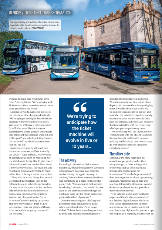 Ticketer_UK's tweet photo. We're thrilled to see our #RTI and #TicketerTK300 technology featured in @CBWtweets's latest issue, spotlighting #Stagecoach's upcoming #ticketing transformation. 🎊 🎫 🚌 🚀
If you're subscribed, read the full issue here: https://t.co/oLlIzKhnFA
#TicketerDifference | #TicketerPartnerships