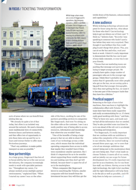 Ticketer_UK's tweet photo. We're thrilled to see our #RTI and #TicketerTK300 technology featured in @CBWtweets's latest issue, spotlighting #Stagecoach's upcoming #ticketing transformation. 🎊 🎫 🚌 🚀
If you're subscribed, read the full issue here: https://t.co/oLlIzKhnFA
#TicketerDifference | #TicketerPartnerships